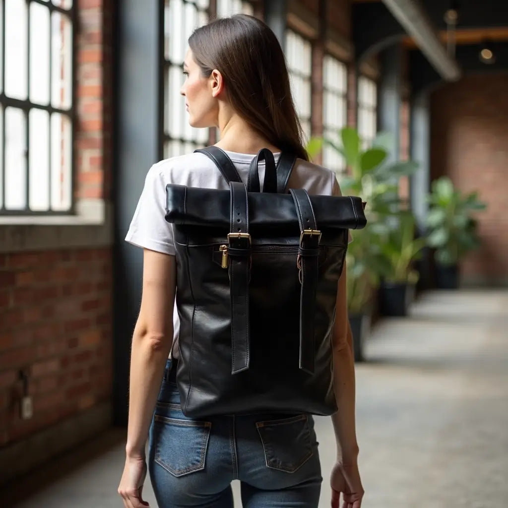 Urban Black Leather Backpack – Handcrafted Rolltop Design image 3