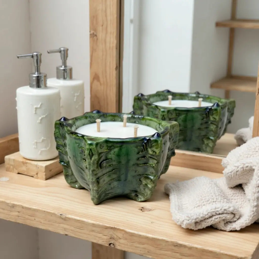 Tamegroute Green Ceramic Candle Bowl – Triple-Wick Statement Piece image
