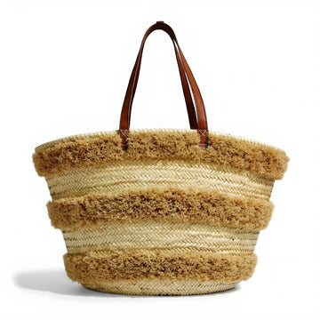 Striped Straw Beach Tote – Handwoven Raffia Basket with Leather Handles image