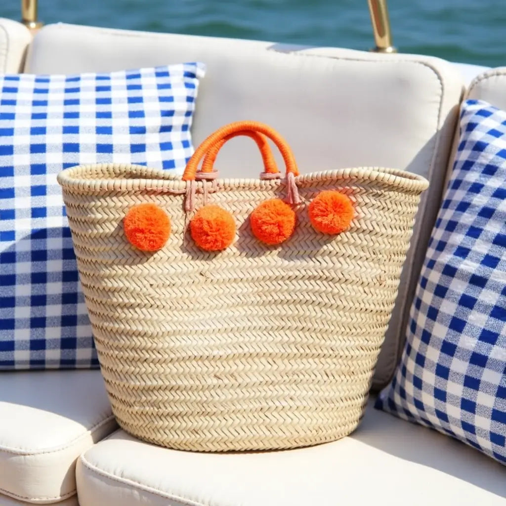 Pom Pom Straw Shopper Bag – Handwoven Beach Market Tote with Cotton Handles image 7