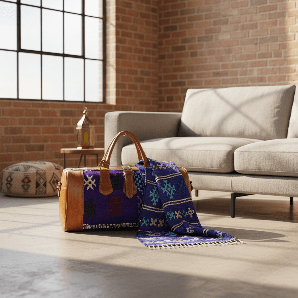 Kilim Leather Duffle Bag – Handwoven Travel Weekender with Wool Panels image 6