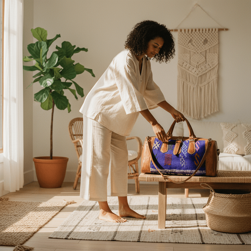 Kilim Leather Duffle Bag – Handwoven Travel Weekender with Wool Panels image 5