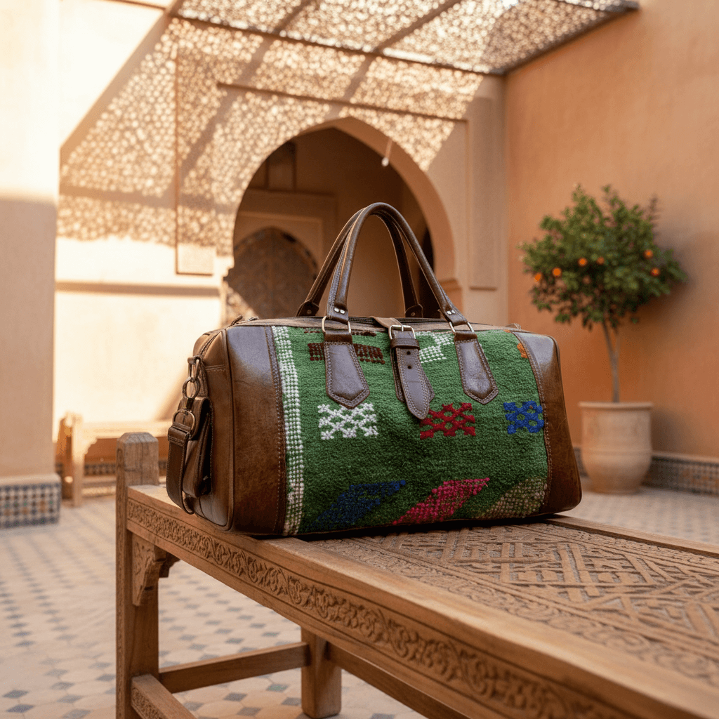 Kilim Leather Duffle Bag – Handwoven Travel Weekender with Wool Panels image 3