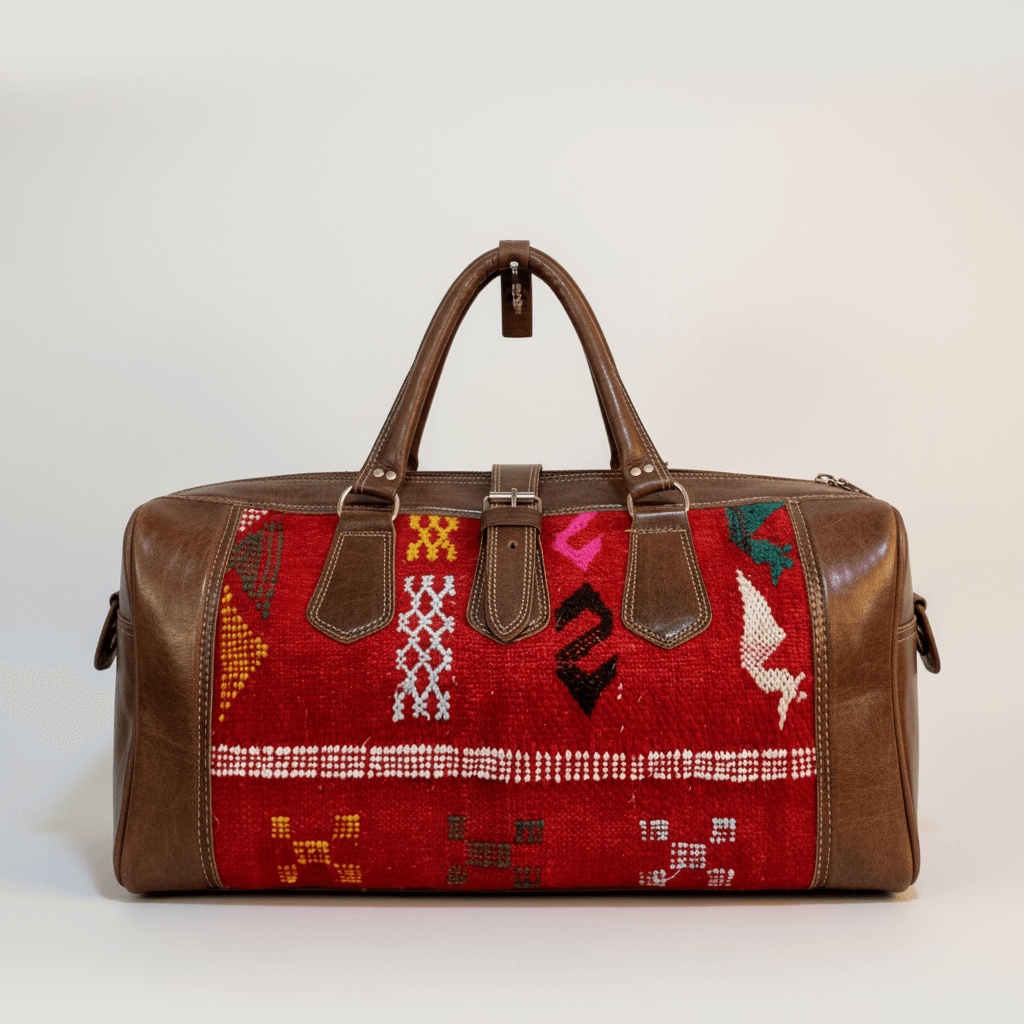 Kilim Leather Duffle Bag – Handwoven Travel Weekender with Wool Panels image