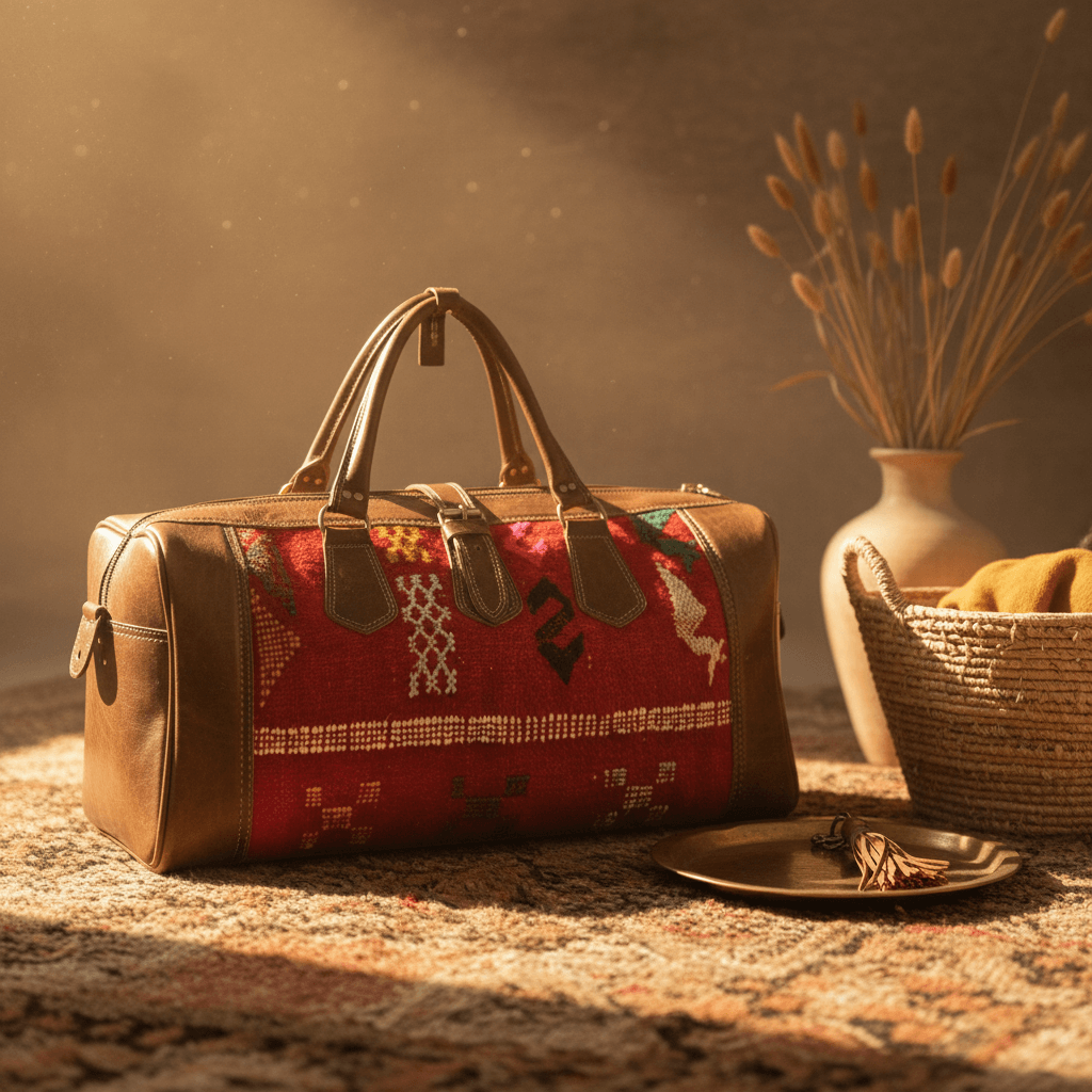 Kilim Leather Duffle Bag – Handwoven Travel Weekender with Wool Panels image 2