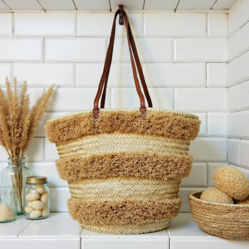 Striped Straw Beach Tote – Handwoven Raffia Basket with Leather Handles image 5