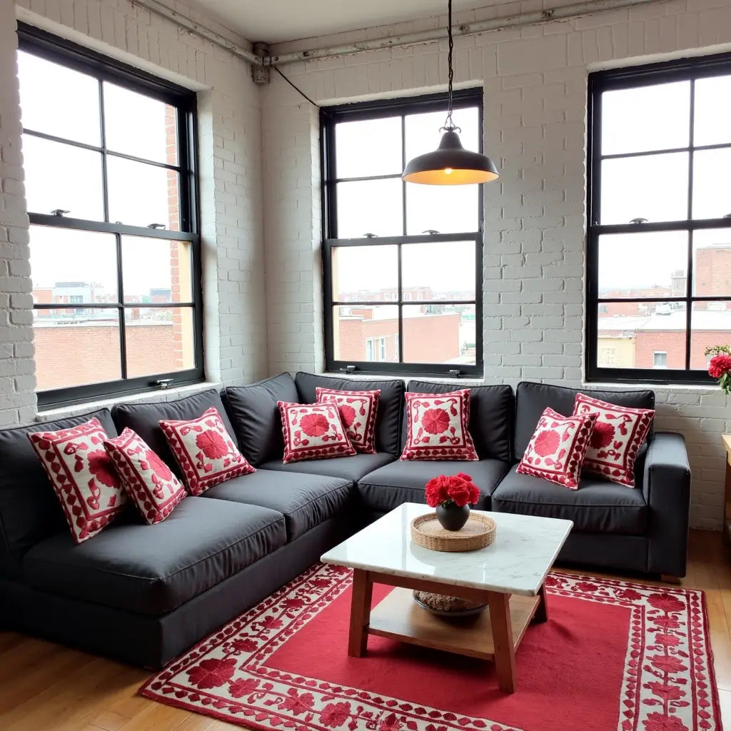 Red Floral Embroidered Cotton Pillow Covers 17.4″ – Suzani Style Set of 2 image 5