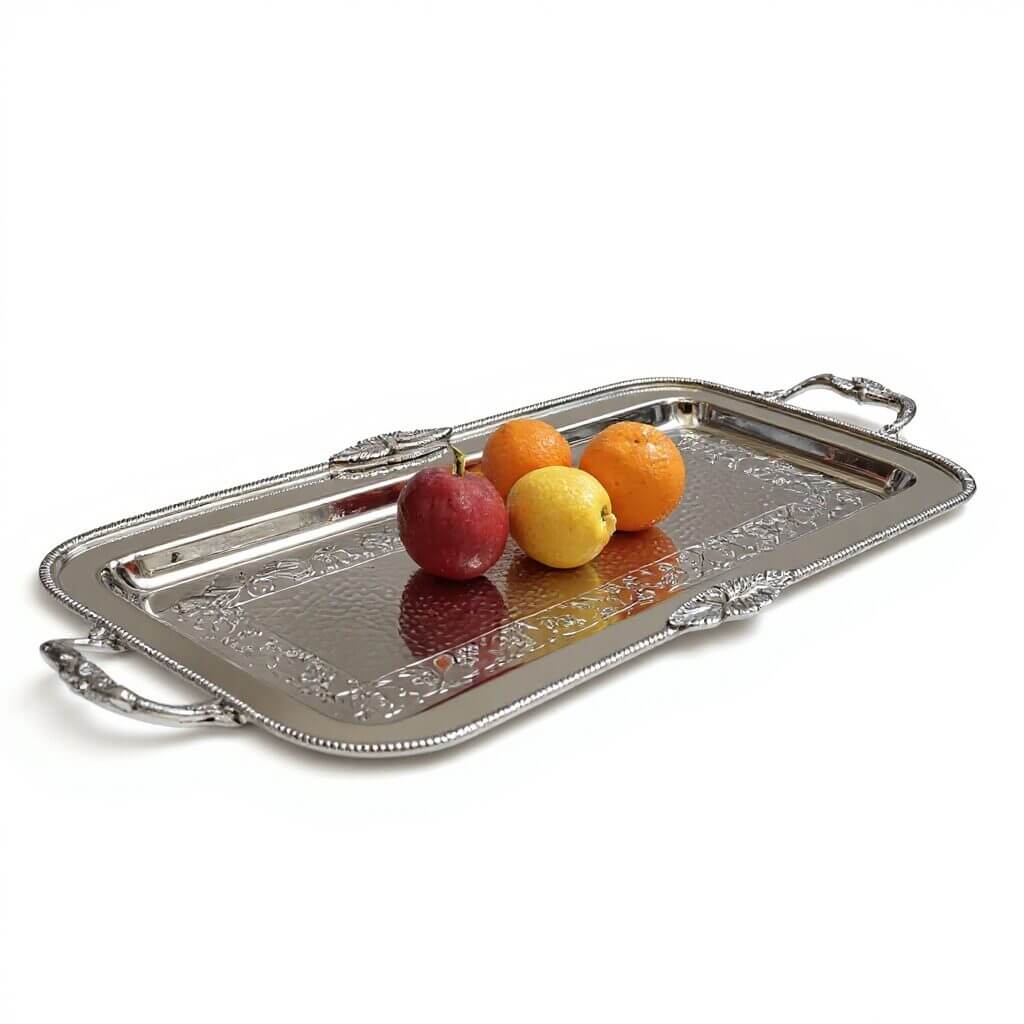 Hand-Engraved Silver Serving Tray with Ornate Handles – Multiple Sizes image