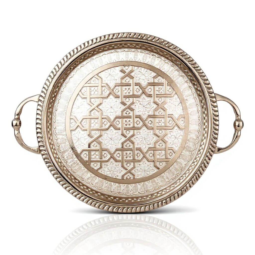 Hand-Engraved Silver-Plated Brass Serving Tray with Geometric Inlay image