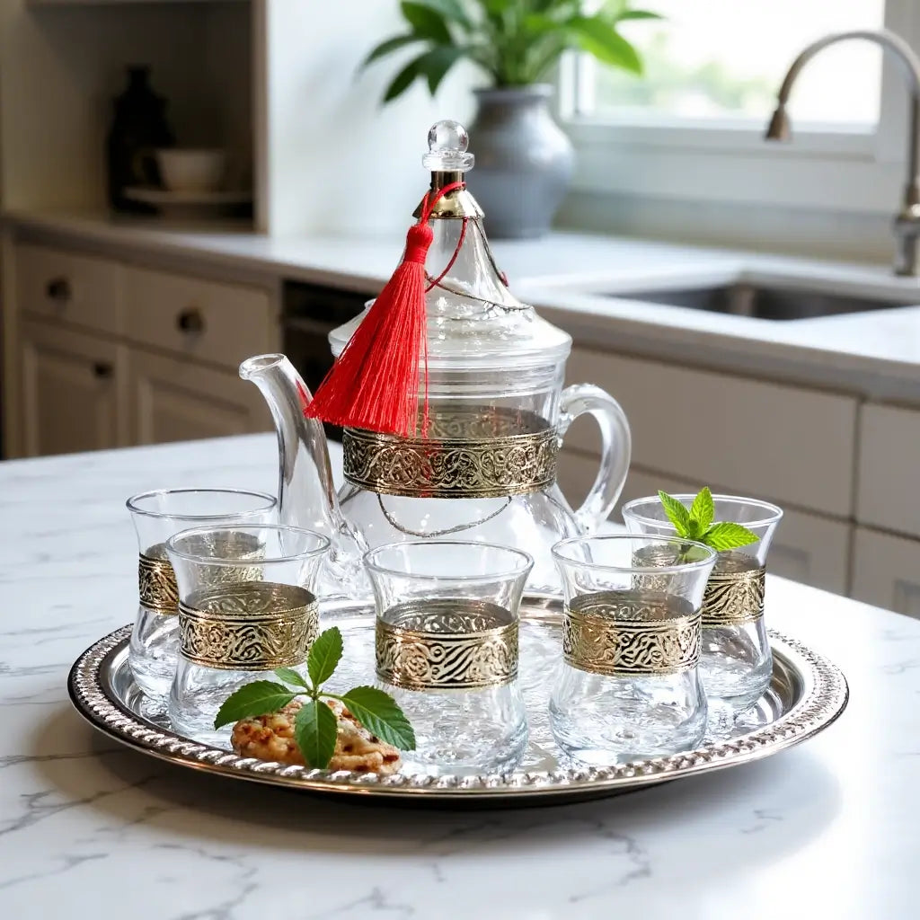 Silver Engraved Glass Tea Set – Handcrafted 6 Glass Service with Tray image 9