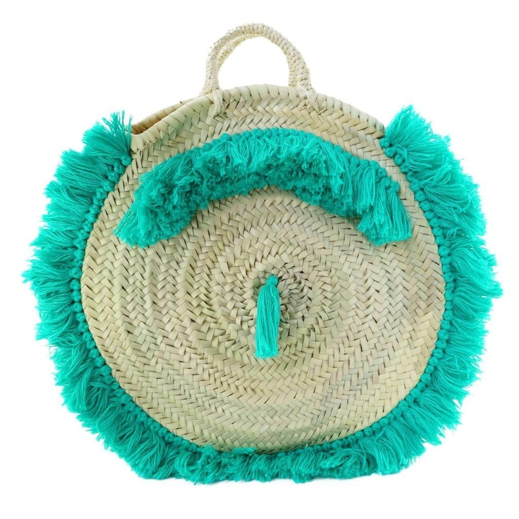 Moroccan Round Wicker Tote Bag with Green Fringes
