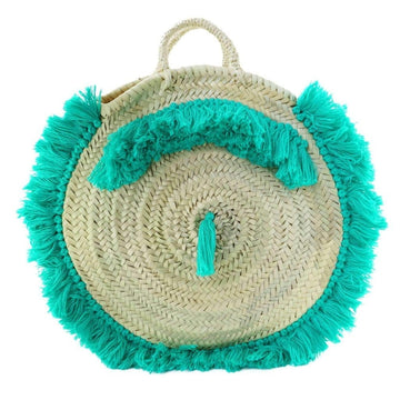 Moroccan Round Wicker Tote Bag with Green Fringes