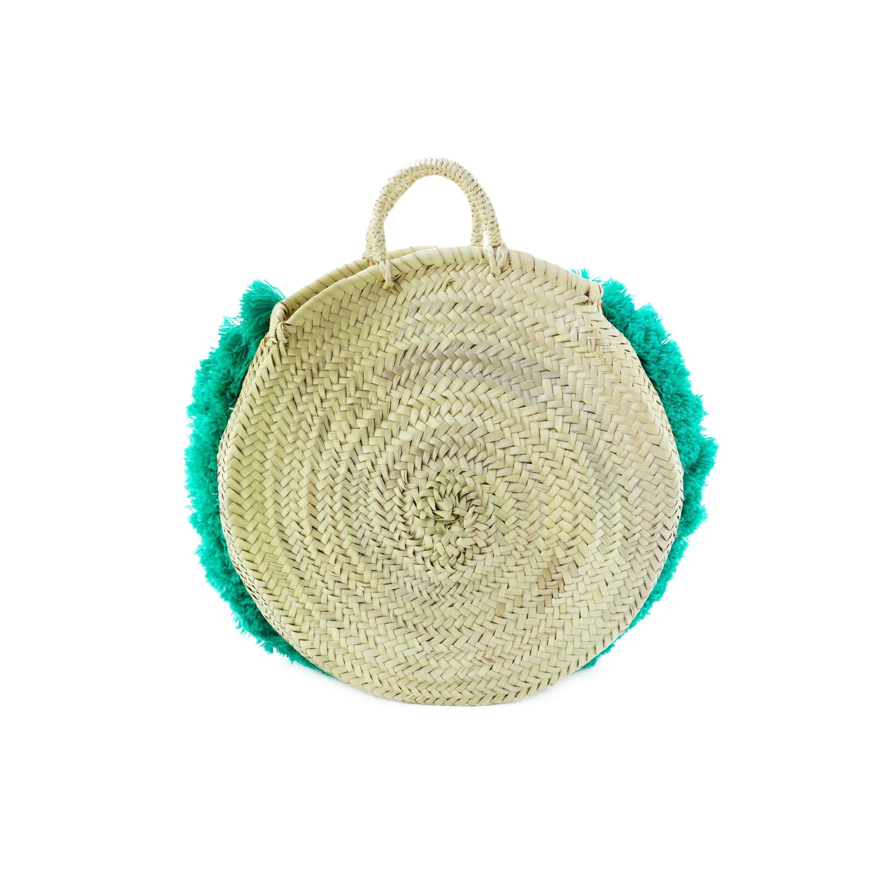 Moroccan Round Wicker Tote Bag with Green Fringes