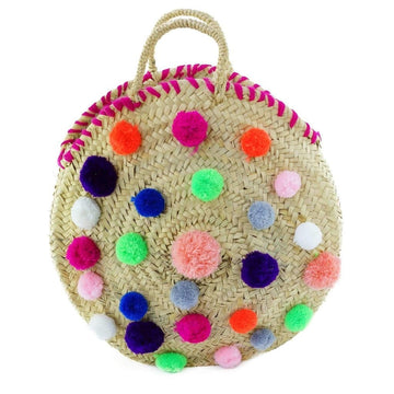 Moroccan Round Wicker Tote Bag with Pompom