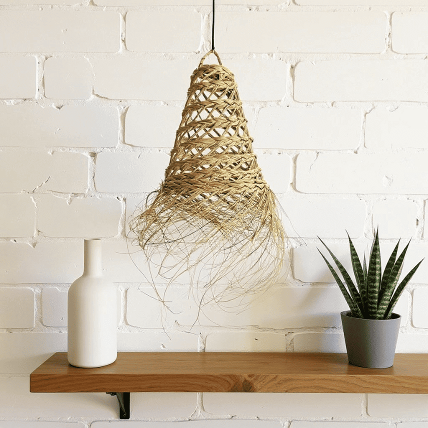 Handwoven Straw Pendant Light 17″ – Natural Fiber Lampshade with Fringe image